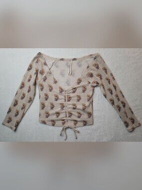 Anthropologie Sabrina Cinched Crop Top 3/4 Sleeves XS Floral Neutral Tie Front